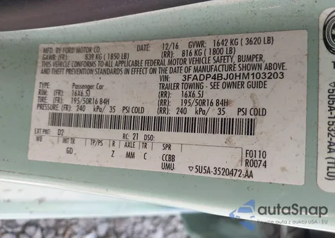 2017 Ford Fiesta Se из США, поврежденный, VIN 3FADP4BJ0HM103203